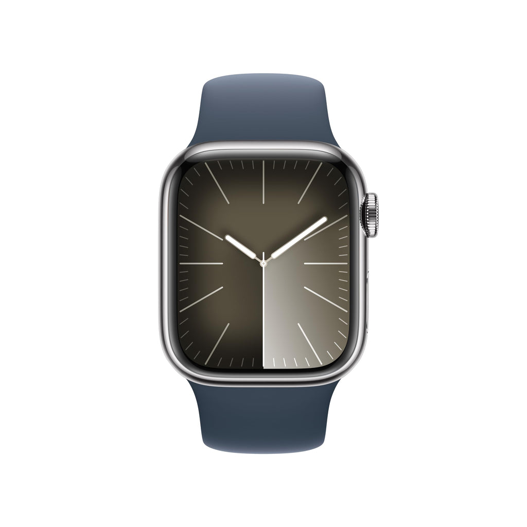 Apple Watch Series 9 (GPS + Cellular) 41mm Silver Stainless Steel Case w/ Storm Blue Sport Band - S/M - MRJ23LL/A