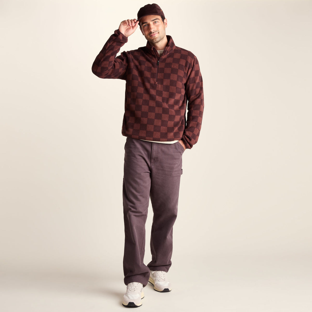 Charlton Mens Printed Midweight Microfleece Half Zip - Brown Checkerboard - Image 2