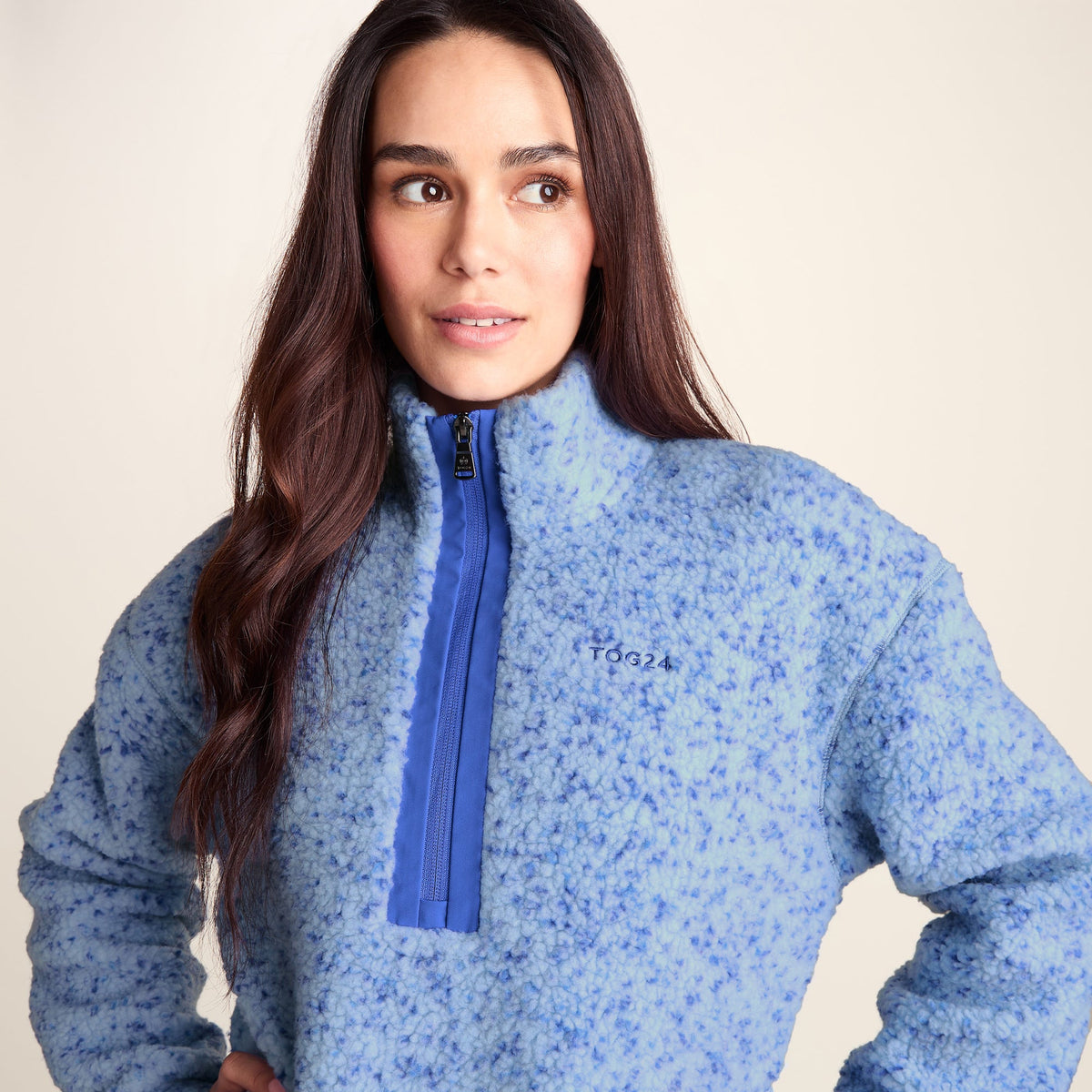 Flossie Womens Sherpa Zip Neck Fleece - Powder Blue Nep - Image 5
