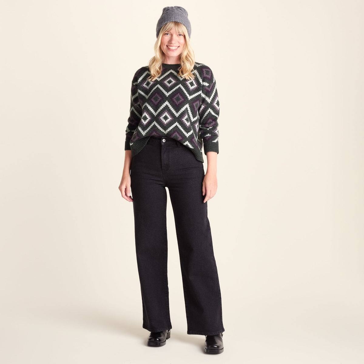 Solana Womens Chunky Fairisle Inspired Knit Jumper - Dark Grey Melange - Image 2
