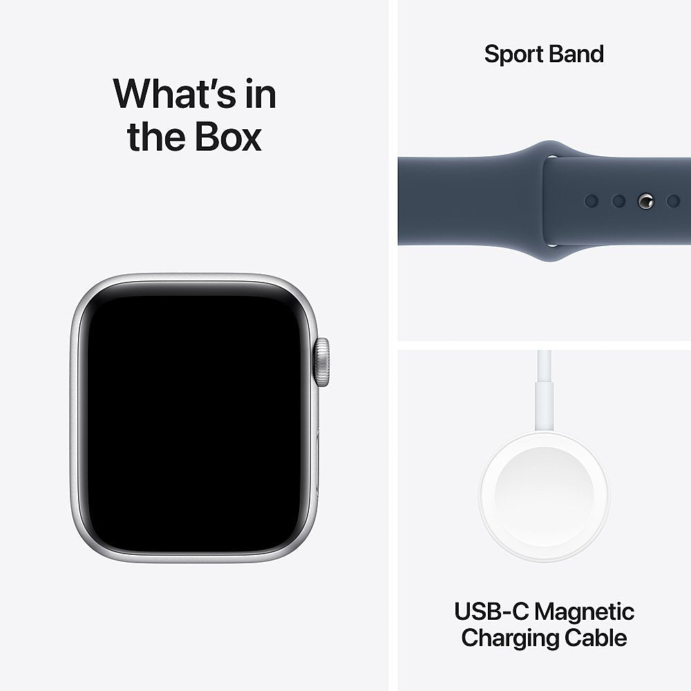 Apple Watch SE 2nd Generation (GPS + Cellular) 44mm Silver Aluminum Case with Storm Blue Sport Band S/M - MRHE3LL/A