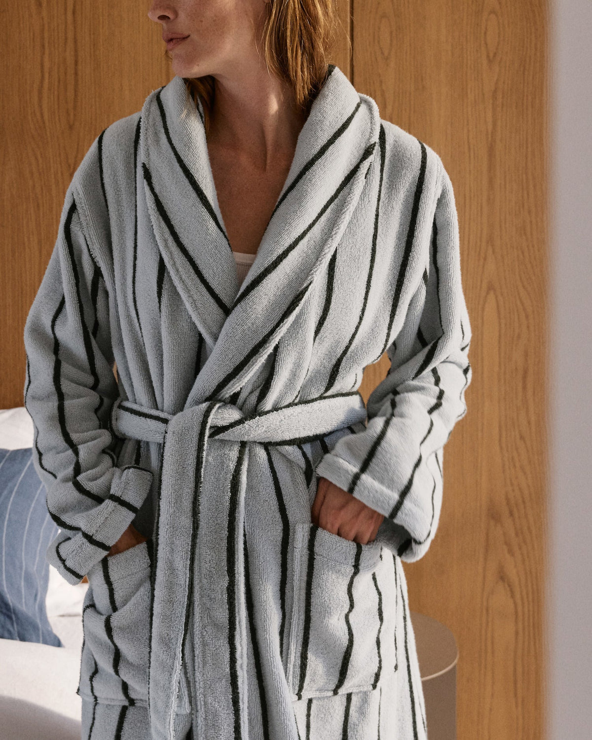 Turkish Cotton Stripe Robe (Sky with Evergreen) - Image 2