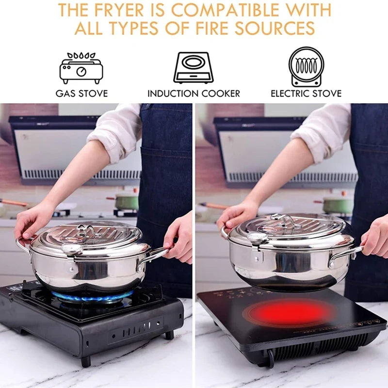 Japanese Deep Frying Pot with a Thermometer and a Lid 304 Stainless Steel Kitchen Tempura Fryer Pan 20/24cm - Image 3