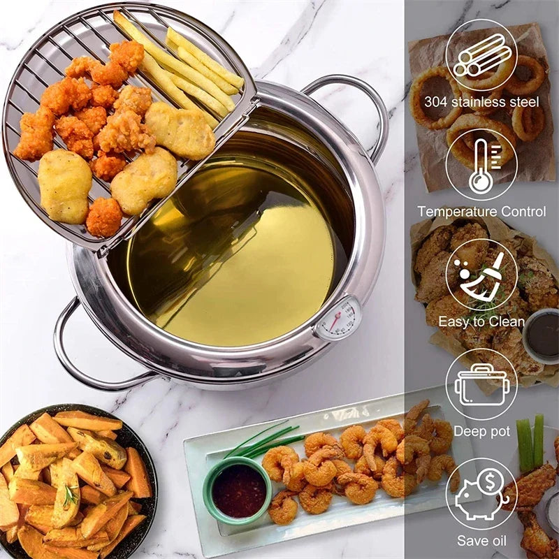 Japanese Deep Frying Pot with a Thermometer and a Lid 304 Stainless Steel Kitchen Tempura Fryer Pan 20/24cm - Image 2