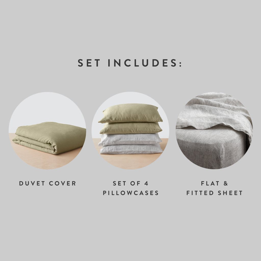 Stonewashed Linen Curated Bed Bundle - Sage/Graphite Stripe - Image 6