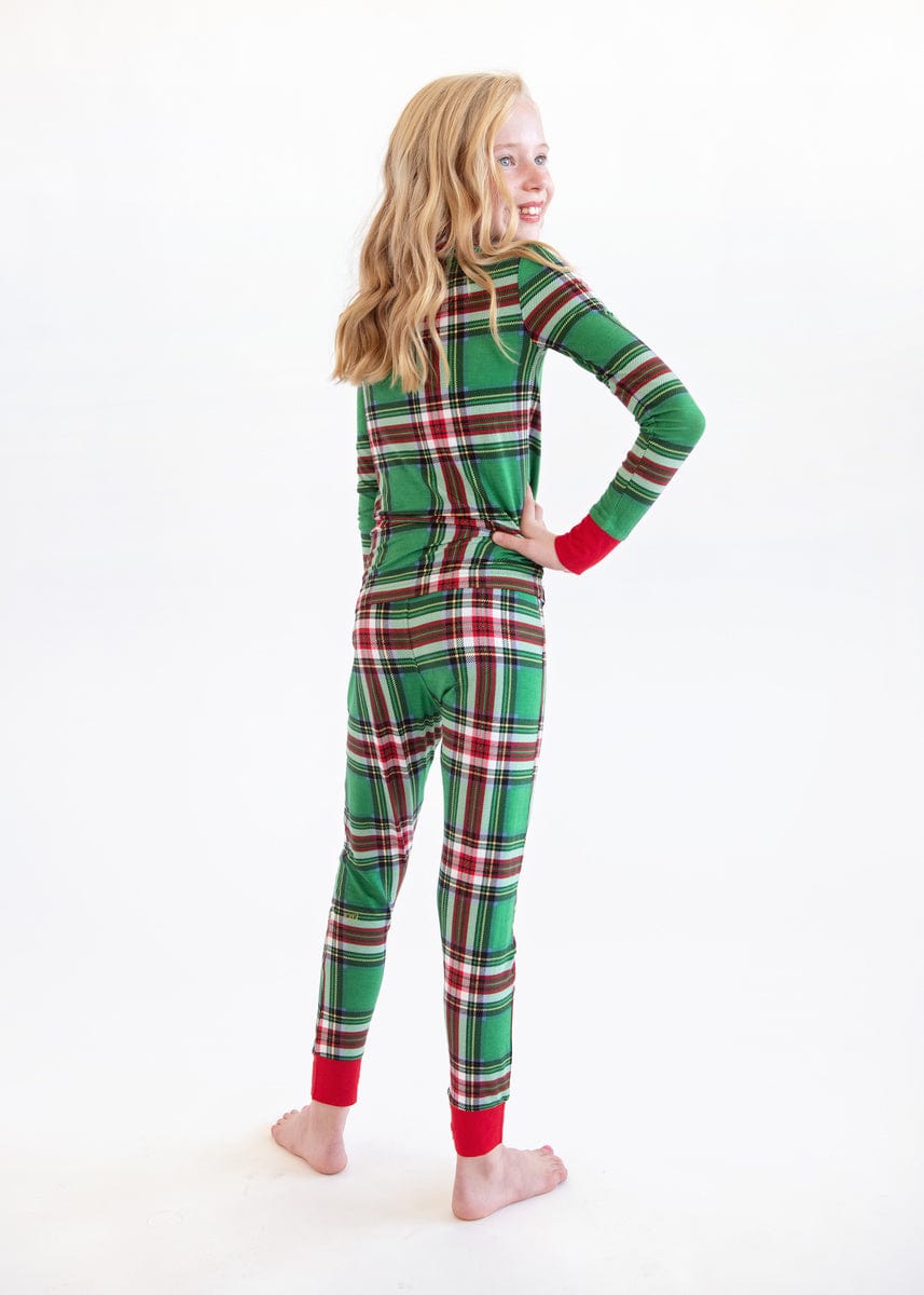 Snug-Fitting Unisex Tween Matching Set - Green Plaid