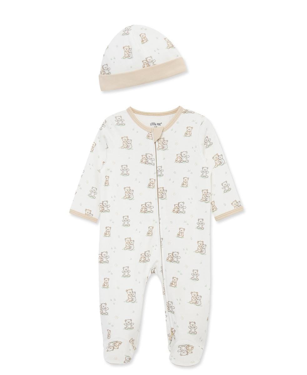 Little Me Fuzzy Bears 2-Way-Zip Footed One-Piece and Hat - White Print, 3M - Image 5