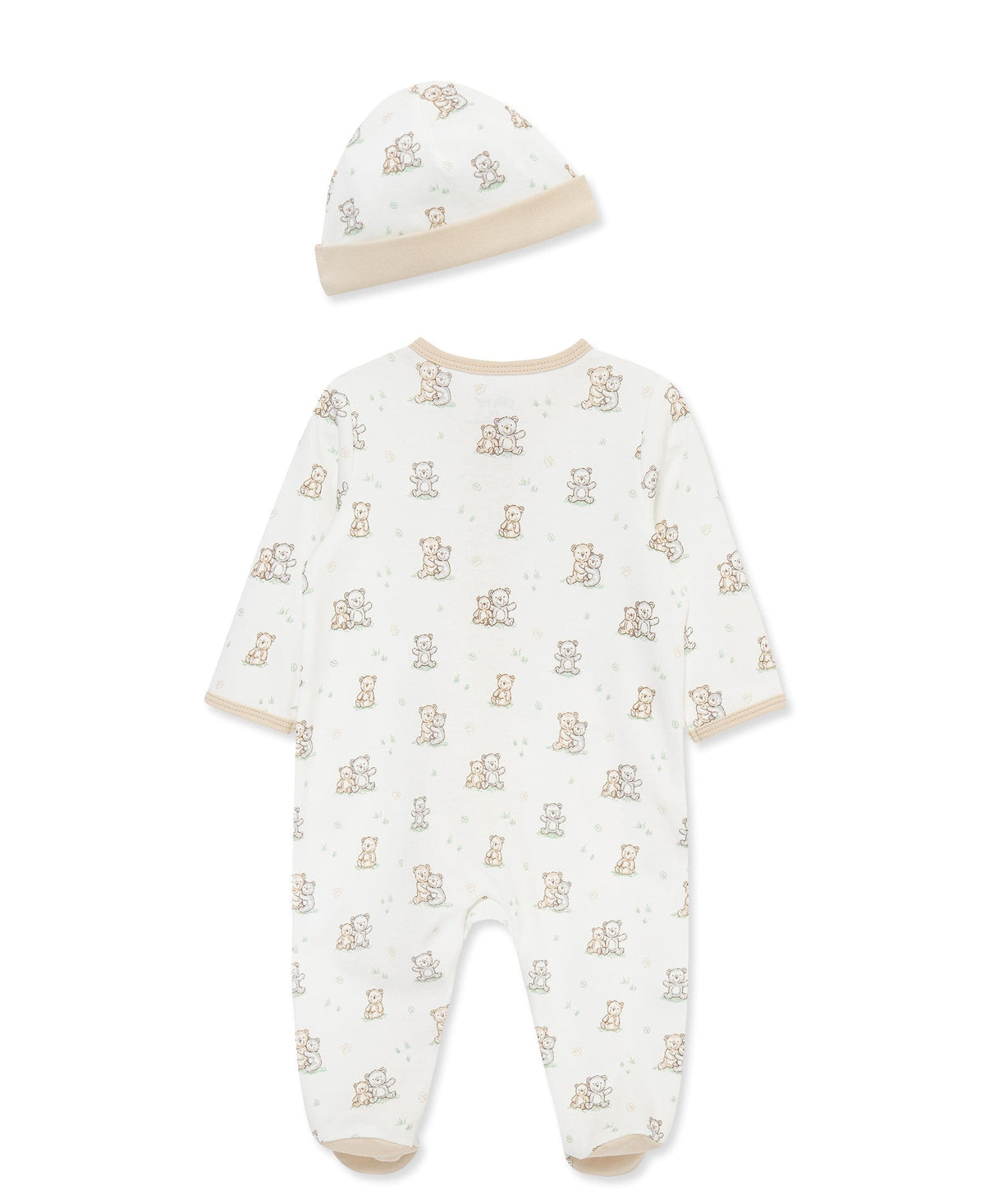 Little Me Fuzzy Bears 2-Way-Zip Footed One-Piece and Hat - White Print, 3M - Image 2